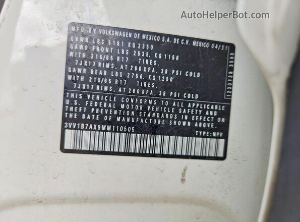 3VV1B7AX9MM110505 2021 VOLKSWAGEN TIGUAN Белый Вид наклейки с VIN-кодом