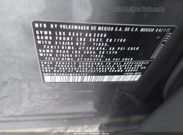 3VV1B7AXXJM034157 2018 VOLKSWAGEN TIGUAN Gray Շարժիչի բաժամունքի տեսք