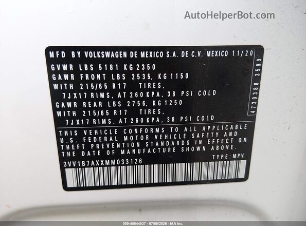 3VV1B7AXXMM033126 2021 VOLKSWAGEN TIGUAN White Вид підкапотного простору