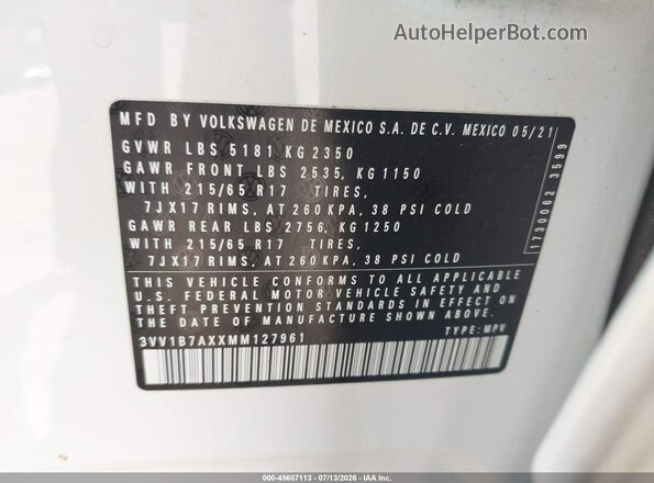 3VV1B7AXXMM127961 2021 VOLKSWAGEN TIGUAN White Вид підкапотного простору