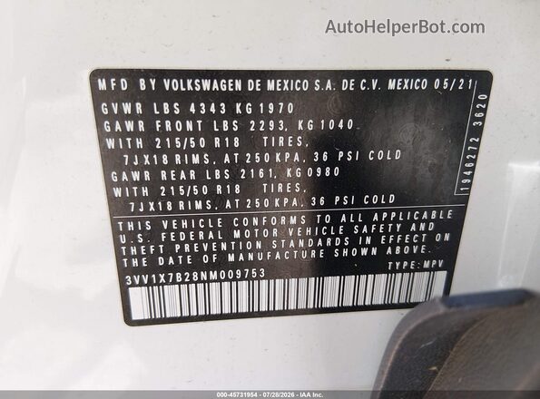 3VV1X7B28NM009753 2022 VOLKSWAGEN TAOS White Вид підкапотного простору