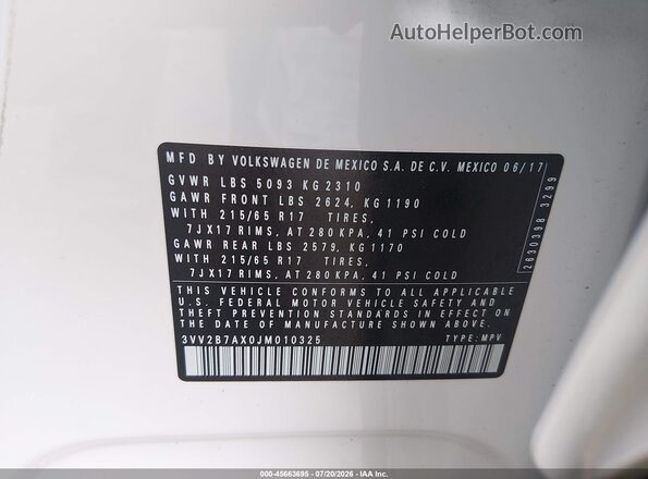3VV2B7AX0JM010325 2018 VOLKSWAGEN TIGUAN White ძრავის განყოფილების ხედი