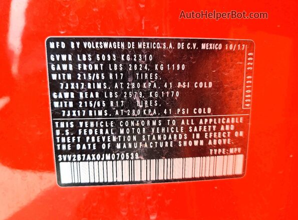 3VV2B7AX0JM070539 2018 VOLKSWAGEN TIGUAN Red VIN კოდის სტიკერის ხედი