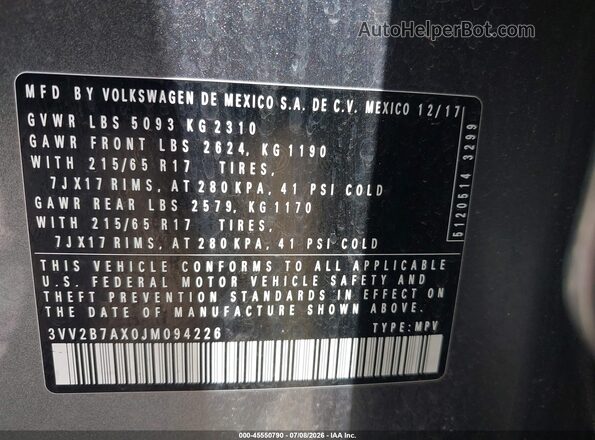 3VV2B7AX0JM094226 2018 VOLKSWAGEN TIGUAN Gray ძრავის განყოფილების ხედი