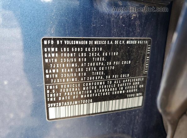 3VV2B7AX0JM170026 2018 VOLKSWAGEN TIGUAN Blue ძრავის განყოფილების ხედი