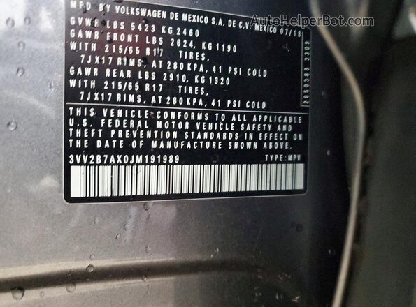 3VV2B7AX0JM191989 2018 VOLKSWAGEN TIGUAN Gray Widok naklejki z numerem VIN