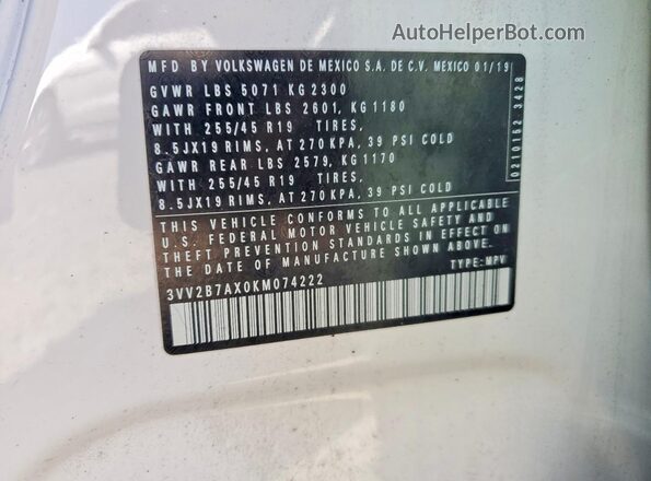 3VV2B7AX0KM074222 2019 VOLKSWAGEN TIGUAN White Вид підкапотного простору