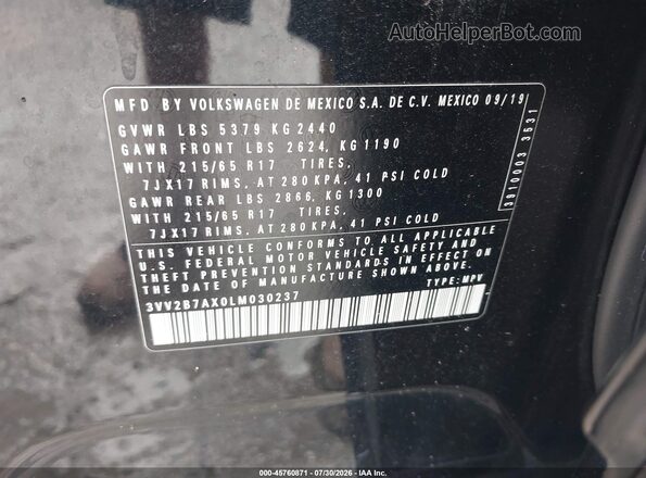 3VV2B7AX0LM030237 2020 VOLKSWAGEN TIGUAN Black ძრავის განყოფილების ხედი