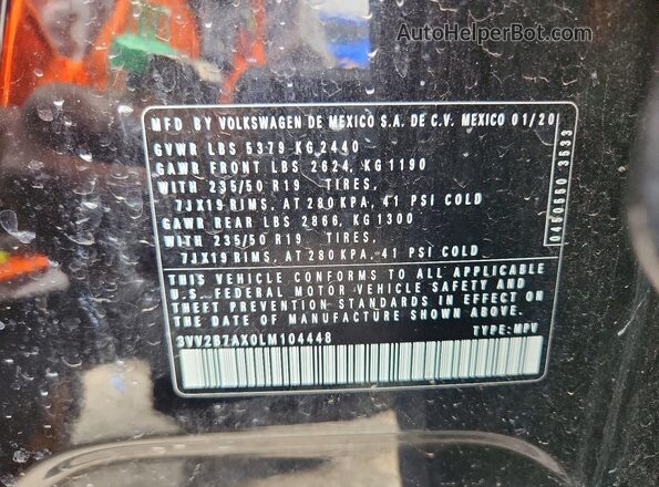 3VV2B7AX0LM104448 2020 VOLKSWAGEN TIGUAN Black Vista del compartimento del motor