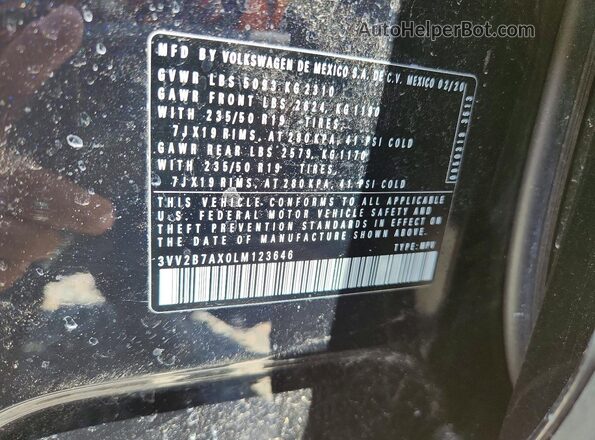 3VV2B7AX0LM123646 2020 VOLKSWAGEN TIGUAN Черный Вид наклейки с VIN-кодом