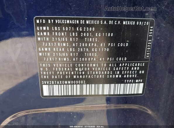 3VV2B7AX0MM009082 2021 VOLKSWAGEN TIGUAN Синий Вид подкапотного пространства