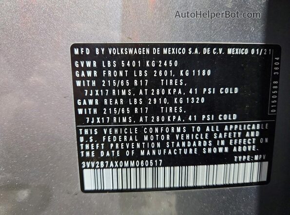 3VV2B7AX0MM060517 2021 VOLKSWAGEN TIGUAN Silver Вид наклейки з VIN-кодом