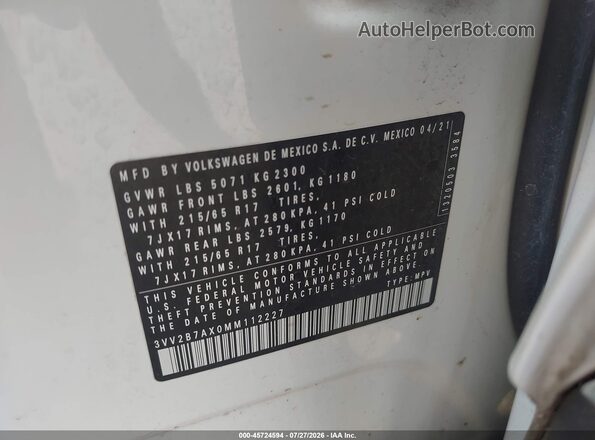 3VV2B7AX0MM112227 2021 VOLKSWAGEN TIGUAN White Вид підкапотного простору