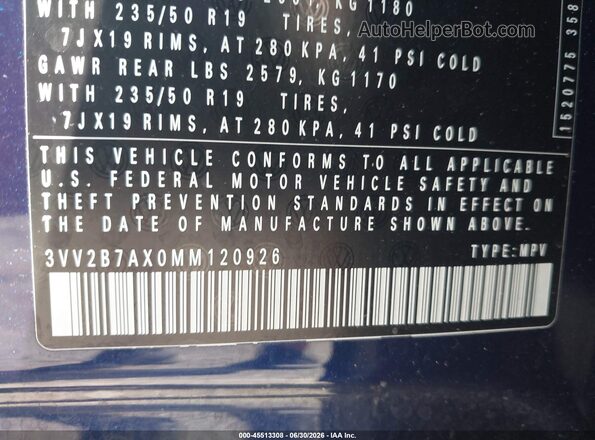 3VV2B7AX0MM120926 2021 VOLKSWAGEN TIGUAN Blue Widok komory silnika