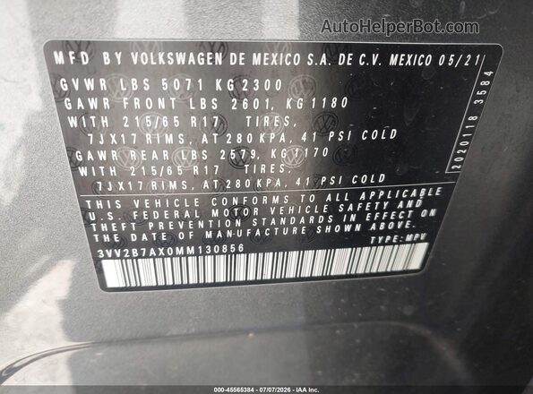 3VV2B7AX0MM130856 2021 VOLKSWAGEN TIGUAN Gray ძრავის განყოფილების ხედი