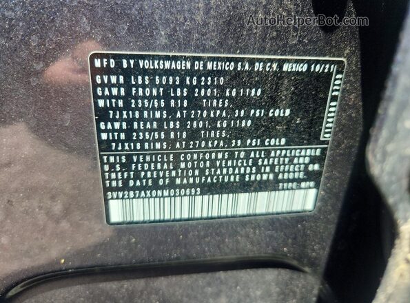 3VV2B7AX0NM030693 2022 VOLKSWAGEN TIGUAN Gray Widok naklejki z numerem VIN