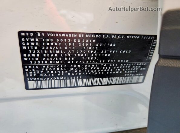 3VV2B7AX0NM035683 2022 VOLKSWAGEN TIGUAN White Widok naklejki z numerem VIN