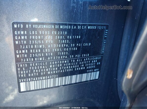 3VV2B7AX0NM043721 2022 VOLKSWAGEN TIGUAN Gray ძრავის განყოფილების ხედი