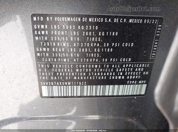 3VV2B7AX0NM111922 2022 VOLKSWAGEN TIGUAN Silver Շարժիչի բաժամունքի տեսք