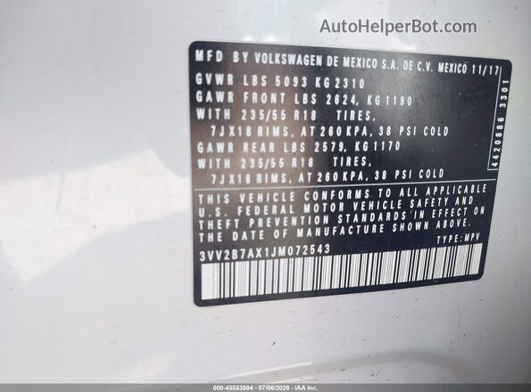 3VV2B7AX1JM072543 2018 VOLKSWAGEN TIGUAN White ძრავის განყოფილების ხედი