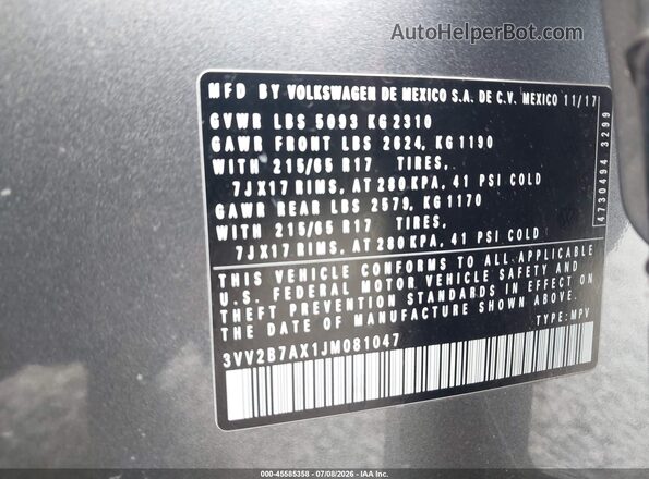 3VV2B7AX1JM081047 2018 VOLKSWAGEN TIGUAN Gray Engine compartment view