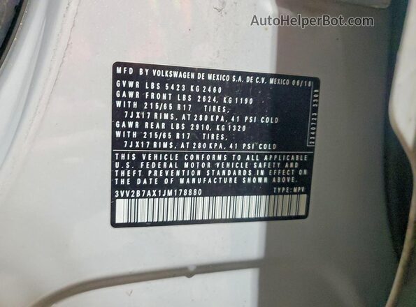 3VV2B7AX1JM178880 2018 VOLKSWAGEN TIGUAN Серебряный Вид наклейки с VIN-кодом