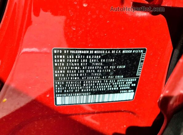 3VV2B7AX1KM078067 2019 VOLKSWAGEN TIGUAN Красный Вид наклейки с VIN-кодом