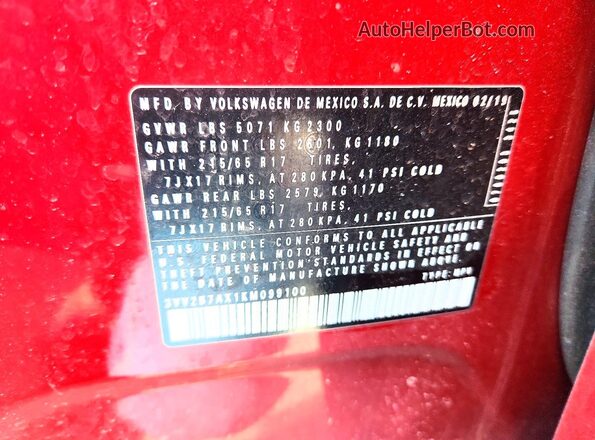 3VV2B7AX1KM099100 2019 VOLKSWAGEN TIGUAN Red Widok naklejki z numerem VIN
