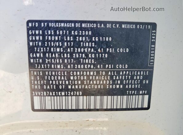 3VV2B7AX1KM124769 2019 VOLKSWAGEN TIGUAN White Widok naklejki z numerem VIN