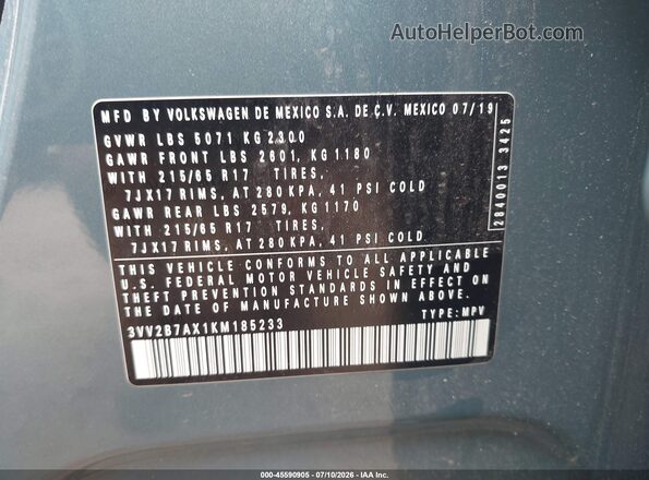 3VV2B7AX1KM185233 2019 VOLKSWAGEN TIGUAN Turquoise Engine compartment view