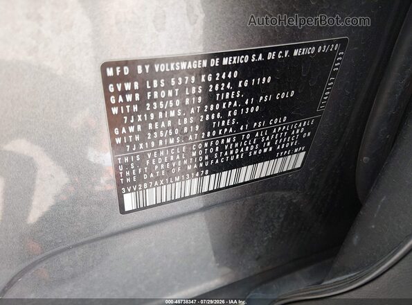 3VV2B7AX1LM131478 2020 VOLKSWAGEN TIGUAN Gray Vista del compartimento del motor
