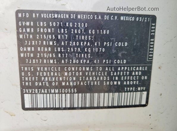 3VV2B7AX1MM100555 2021 VOLKSWAGEN TIGUAN White სალონის 360-გრადუსიანი ხედი