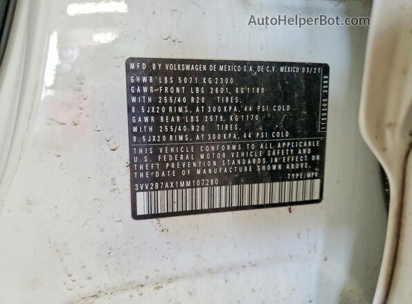 3VV2B7AX1MM107280 2021 VOLKSWAGEN TIGUAN White VIN კოდის სტიკერის ხედი
