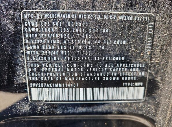 3VV2B7AX1MM114407 2021 VOLKSWAGEN TIGUAN Black Вид наклейки з VIN-кодом