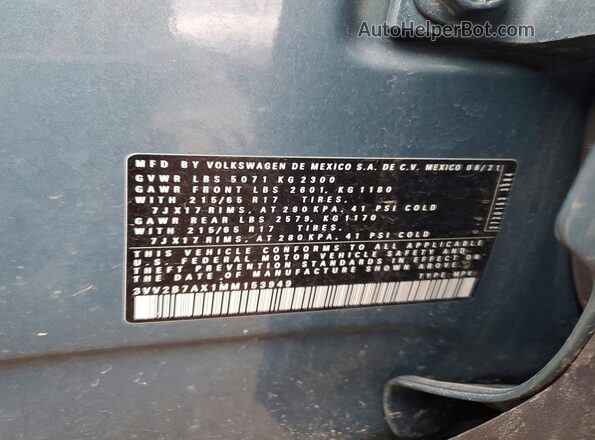 3VV2B7AX1MM153949 2021 VOLKSWAGEN TIGUAN Teal VIN կոդի պիտակի տեսք