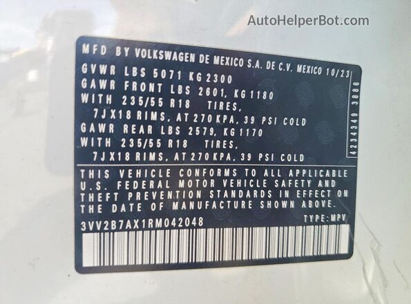 3VV2B7AX1RM042048 2024 VOLKSWAGEN TIGUAN White Панорамний вид салону 360°