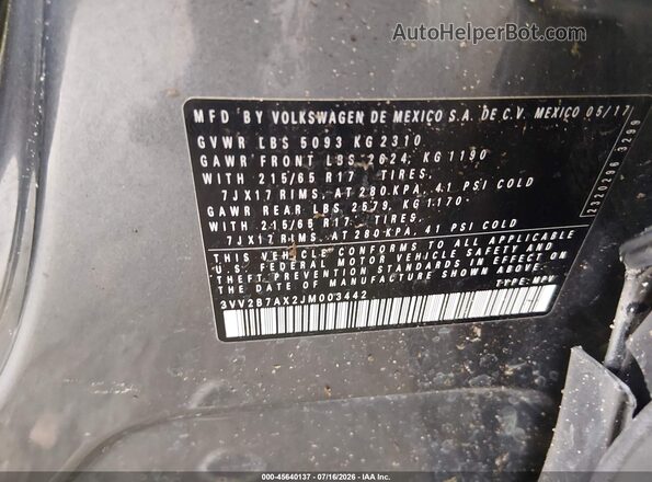 3VV2B7AX2JM003442 2018 VOLKSWAGEN TIGUAN Gray ძრავის განყოფილების ხედი