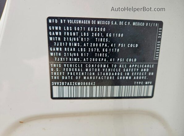 3VV2B7AX2KM086842 2019 VOLKSWAGEN TIGUAN Белый Вид наклейки с VIN-кодом