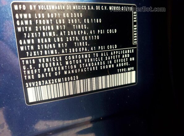 3VV2B7AX2KM189629 2019 VOLKSWAGEN TIGUAN Blue Vista de la etiqueta del VIN