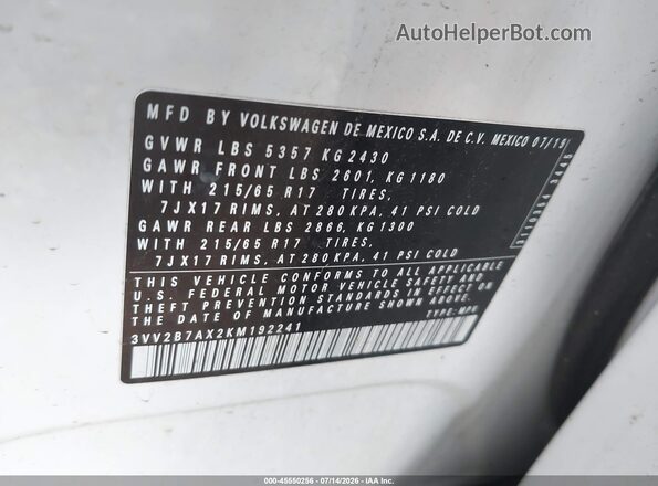 3VV2B7AX2KM192241 2019 VOLKSWAGEN TIGUAN White ძრავის განყოფილების ხედი