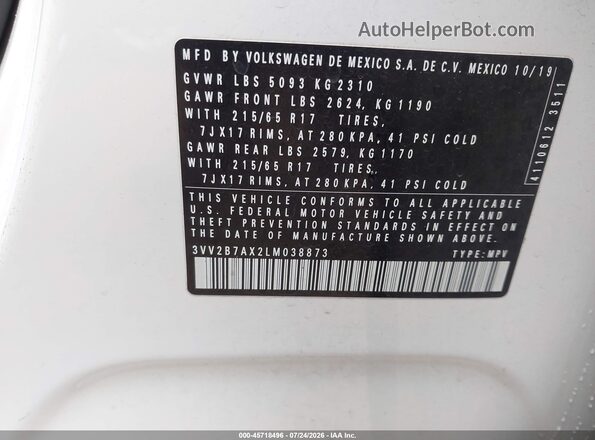 3VV2B7AX2LM038873 2020 VOLKSWAGEN TIGUAN White Вид підкапотного простору