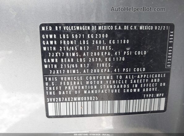 3VV2B7AX2MM089825 2021 VOLKSWAGEN TIGUAN Silver ძრავის განყოფილების ხედი