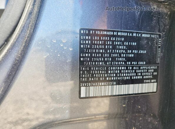 3VV2B7AX2NM021316 2022 VOLKSWAGEN TIGUAN Gray Widok naklejki z numerem VIN