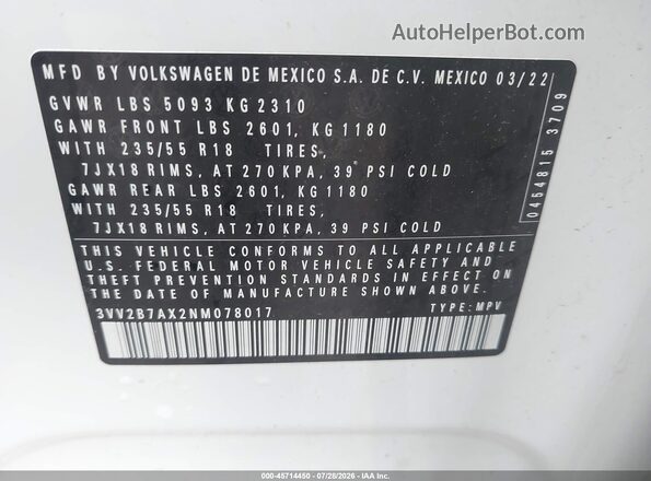 3VV2B7AX2NM078017 2022 VOLKSWAGEN TIGUAN White Widok komory silnika