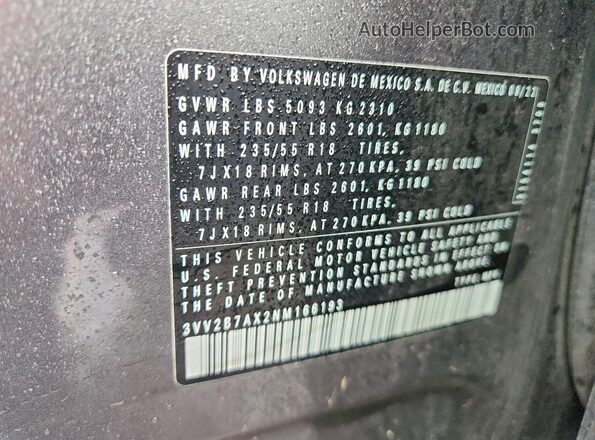 3VV2B7AX2NM166193 2022 VOLKSWAGEN TIGUAN Gray 360 interior view