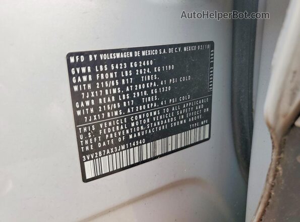3VV2B7AX3JM114940 2018 VOLKSWAGEN TIGUAN White Vista de la etiqueta del VIN