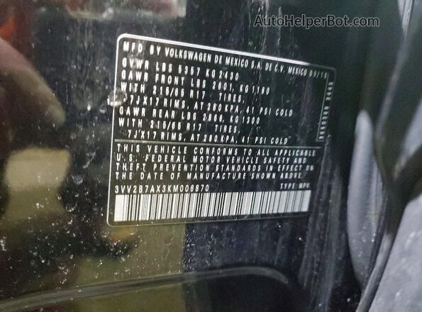 3VV2B7AX3KM006870 2019 VOLKSWAGEN TIGUAN Blue Widok naklejki z numerem VIN