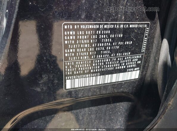 3VV2B7AX3KM034913 2019 VOLKSWAGEN TIGUAN Black ძრავის განყოფილების ხედი