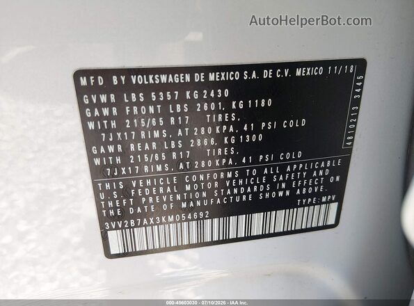 3VV2B7AX3KM054692 2019 VOLKSWAGEN TIGUAN Silver Շարժիչի բաժամունքի տեսք