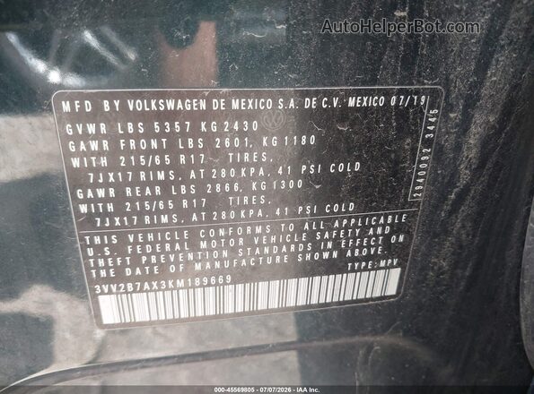 3VV2B7AX3KM189669 2019 VOLKSWAGEN TIGUAN Зеленый Вид подкапотного пространства
